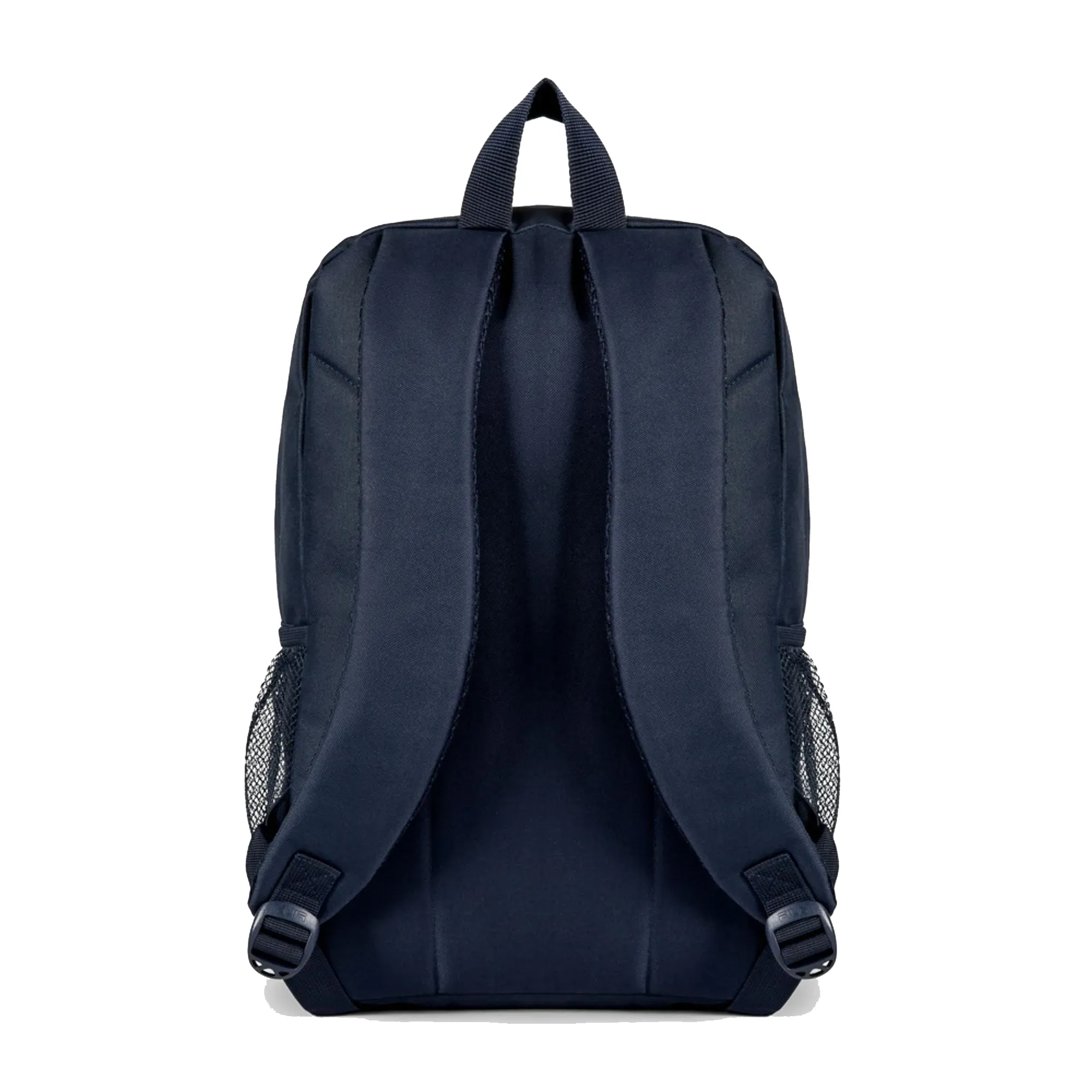 Mochila Fila Basic Letter marinho vista lateral com alças acolchoadas ajustáveis
